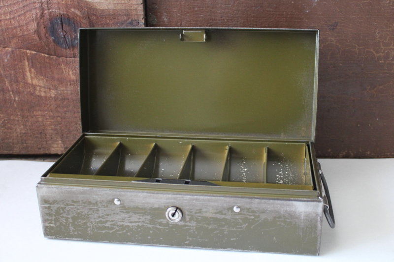 photo of old metal cash box lock box w/ till divided tray insert, drab green vintage industrial #1