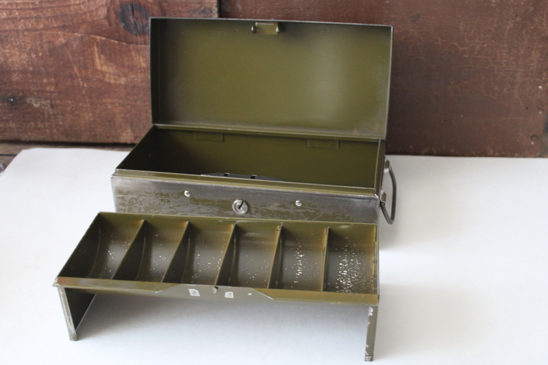 photo of old metal cash box lock box w/ till divided tray insert, drab green vintage industrial #2