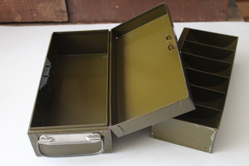 photo of old metal cash box lock box w/ till divided tray insert, drab green vintage industrial #3
