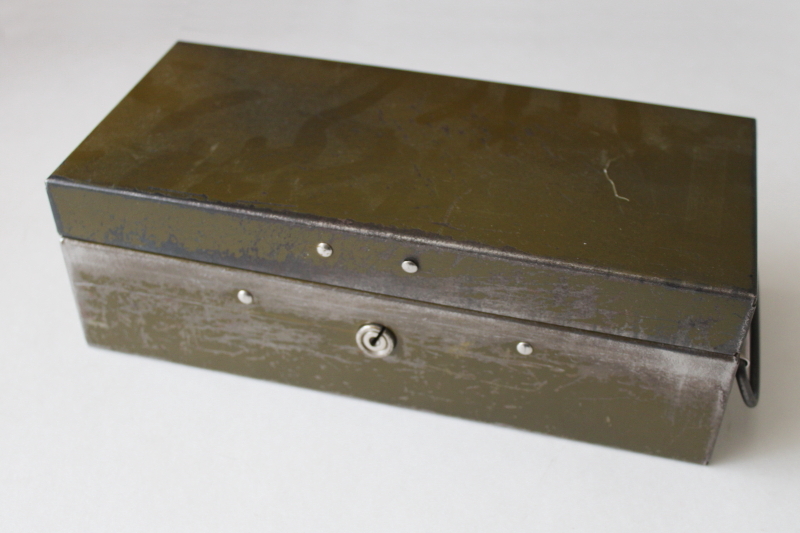 photo of old metal cash box lock box w/ till divided tray insert, drab green vintage industrial #4