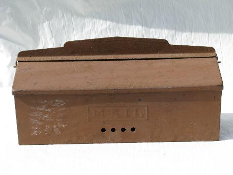 photo of old metal letter box wall mount mailbox, embossed MAIL letters #1