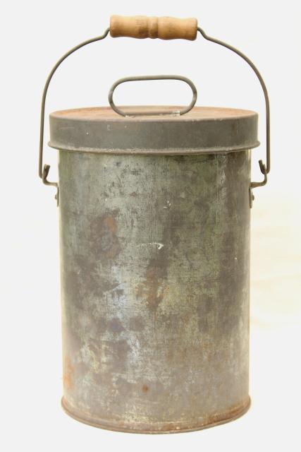 photo of old metal milk pail cream can w/ handle & lid, shiny tinned steel interior #7