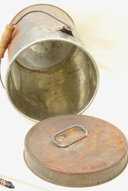 photo of old metal milk pail cream can w/ handle & lid, shiny tinned steel interior #10