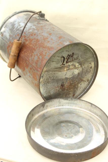 photo of old metal milk pail cream can w/ handle & lid, shiny tinned steel interior #12