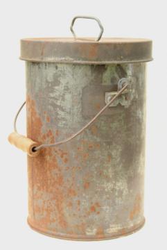 catalog photo of old metal milk pail cream can w/ handle & lid, shiny tinned steel interior