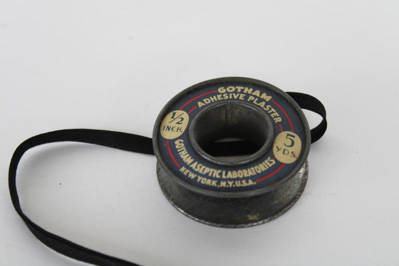 photo of old metal spool from Gotham Labs sticking plaster bandage roll, vintage medical advertising #2