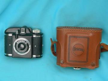 catalog photo of old mid century vintage Beacon II camera w/leather case and 1948 patent