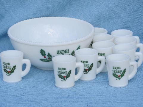 photo of old milk glass Tom and Jerry eggnog set, green and red Christmas holly #1