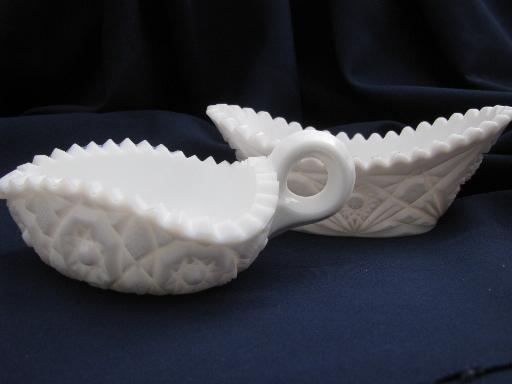 photo of old milk glass celery tray and nappy, vintage star quilt pattern #1