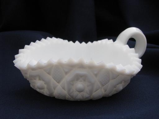 photo of old milk glass celery tray and nappy, vintage star quilt pattern #5