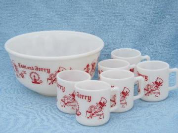 catalog photo of old milk glass punch bowl and cups, Tom and Jerry spiked holiday eggnog