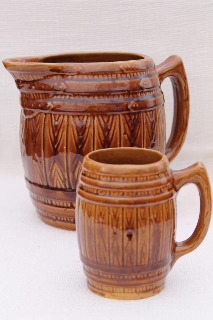 photo of old oak barrel vintage stoneware pottery pitcher & beer stein mug #1