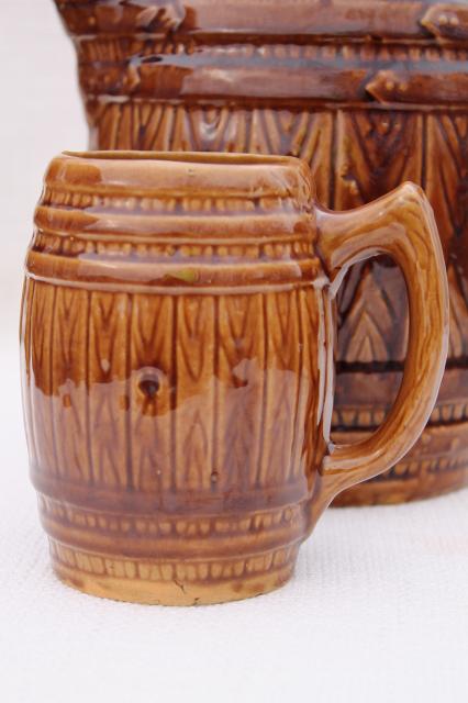 photo of old oak barrel vintage stoneware pottery pitcher & beer stein mug #6