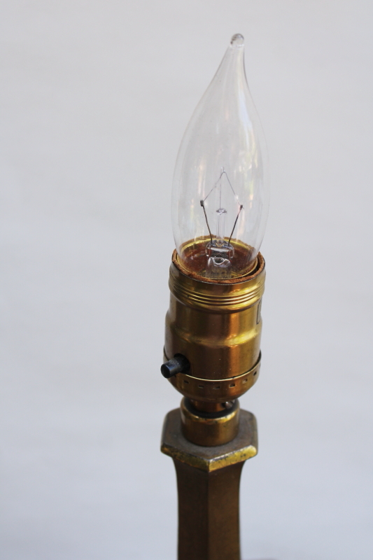 photo of old ornate cast metal candlestick lamp w/ antique brass finish, early electric Aladdin label light #3