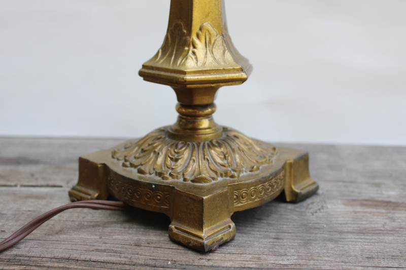 photo of old ornate cast metal candlestick lamp w/ antique brass finish, early electric Aladdin label light #7