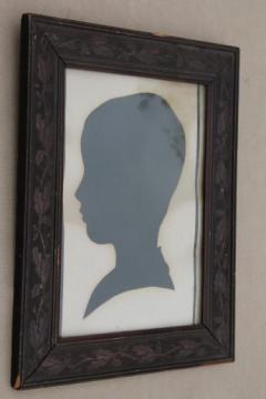 catalog photo of old paper silhouette picture in antique oak leaf and acorn carved wood frame