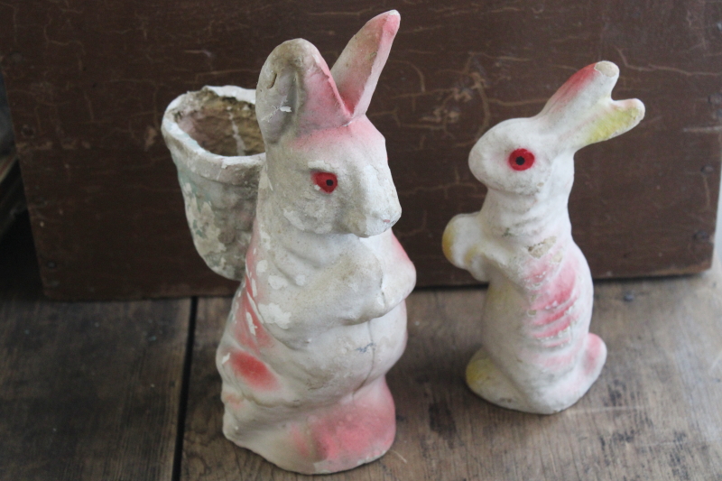 photo of old papier mache Easter bunnies, paper candy containers, little bunny & rabbit w/ basket #1