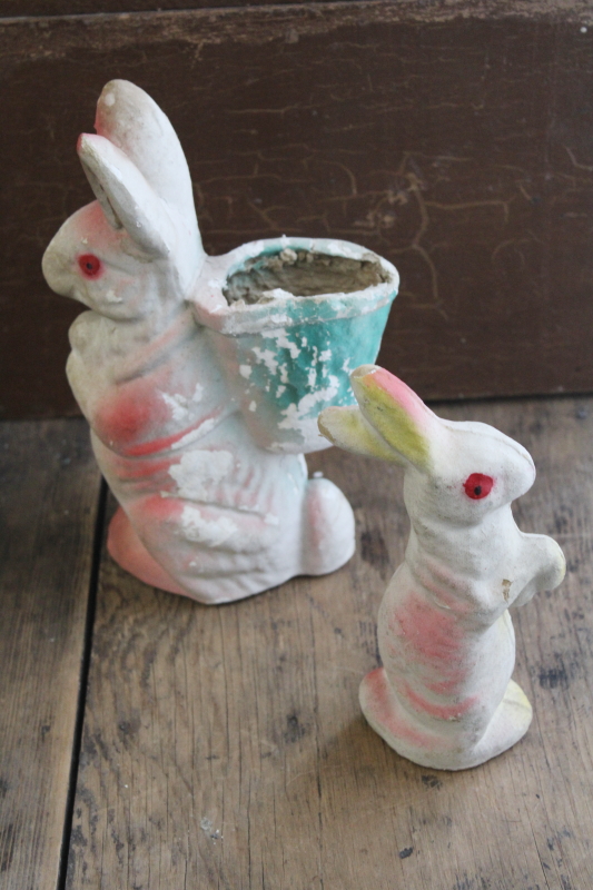 photo of old papier mache Easter bunnies, paper candy containers, little bunny & rabbit w/ basket #2