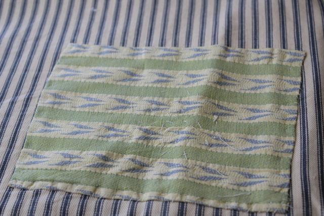 photo of old patched blue ticking stripe pillow cover, authentic vintage farmhouse primitive #1