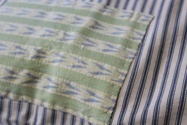 photo of old patched blue ticking stripe pillow cover, authentic vintage farmhouse primitive #3