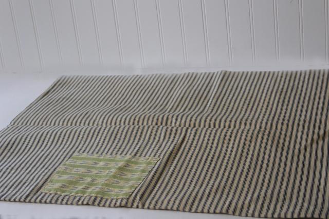 photo of old patched blue ticking stripe pillow cover, authentic vintage farmhouse primitive #6