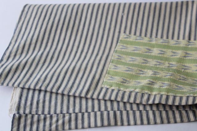 photo of old patched blue ticking stripe pillow cover, authentic vintage farmhouse primitive #7