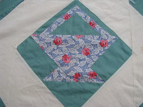 photo of old patchwork flour sack quilt w/ flower basket pattern blocks, vintage 1930s-40s #4