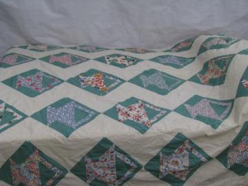 catalog photo of old patchwork flour sack quilt w/ flower basket pattern blocks, vintage 1930s-40s