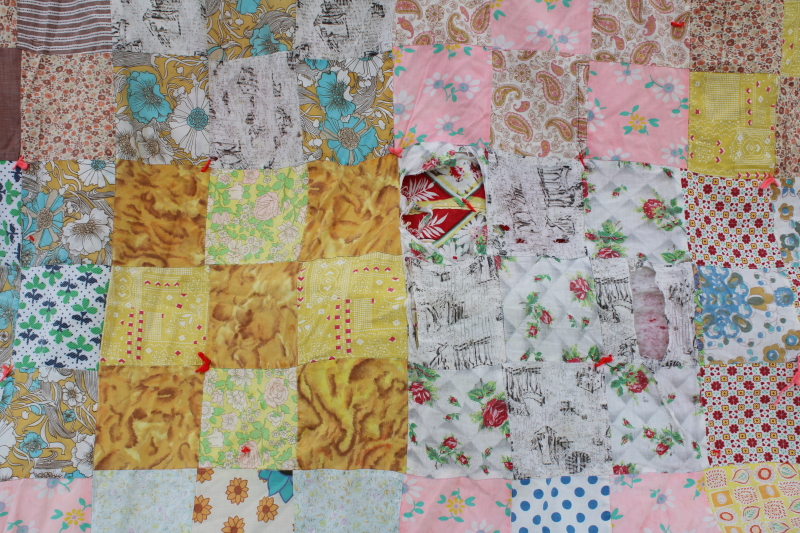 photo of old patchwork quilt comforter, bright cotton fabrics, vintage feed sack fabric hanky print #2