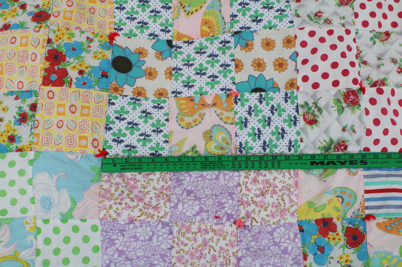 photo of old patchwork quilt comforter, bright cotton fabrics, vintage feed sack fabric hanky print #3