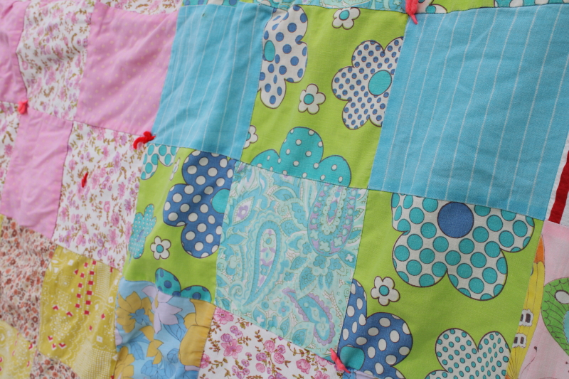 photo of old patchwork quilt comforter, bright cotton fabrics, vintage feed sack fabric hanky print #5