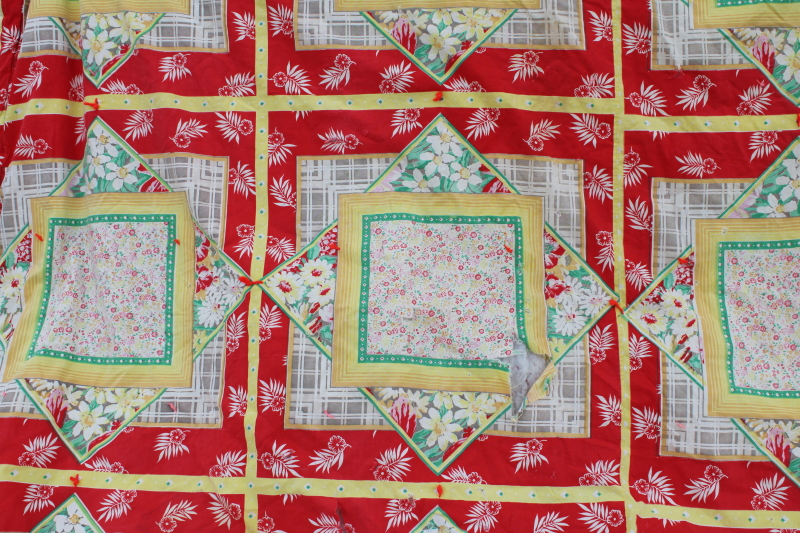 photo of old patchwork quilt comforter, bright cotton fabrics, vintage feed sack fabric hanky print #8