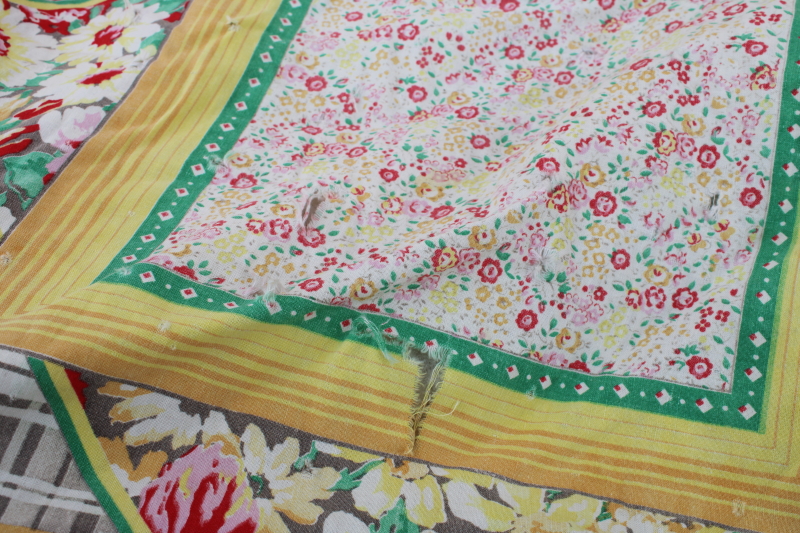 photo of old patchwork quilt comforter, bright cotton fabrics, vintage feed sack fabric hanky print #12