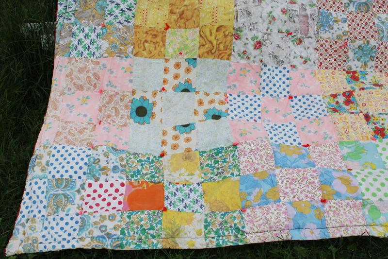 photo of old patchwork quilt comforter, bright cotton fabrics, vintage feed sack fabric hanky print #15