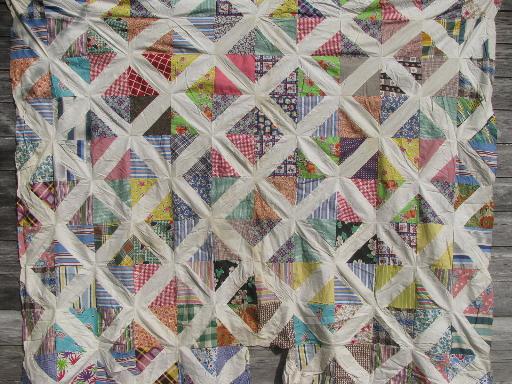 photo of old patchwork quilt top, diamond squares of vintage cotton print fabrics #1