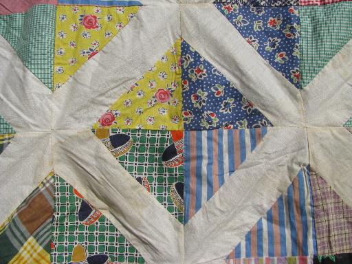 photo of old patchwork quilt top, diamond squares of vintage cotton print fabrics #3