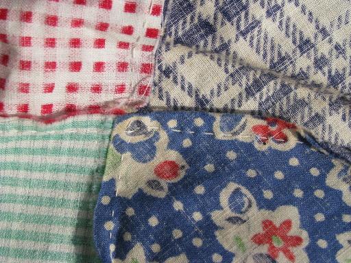 photo of old patchwork quilt top, diamond squares of vintage cotton print fabrics #4