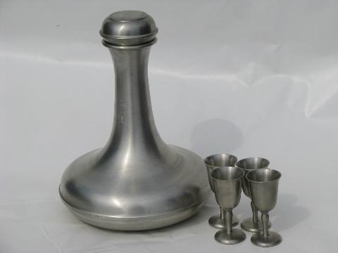 photo of old pewter decanter bottle and tiny goblets, sherry glasses or liqueurs #1