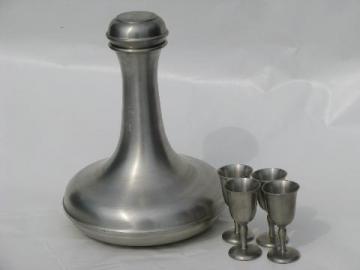 catalog photo of old pewter decanter bottle and tiny goblets, sherry glasses or liqueurs