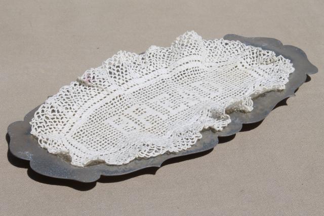 photo of old pewter serving tray w/ vintage crochet lace Bread plate doily #1