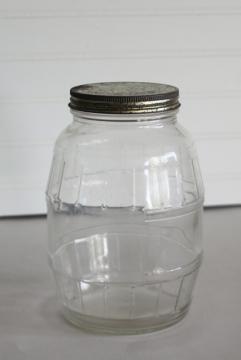 catalog photo of old pickle bottle, two quart barrel shaped jar w/ original vintage lid