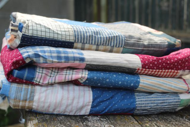 photo of old pieced patchwork blocks quilt tops, vintage cotton prints & shirting fabric #6