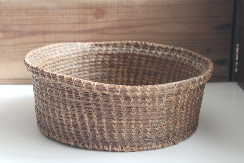 photo of old pine needle basket, handmade coiled basket with paper bottom early or mid century vintage #1