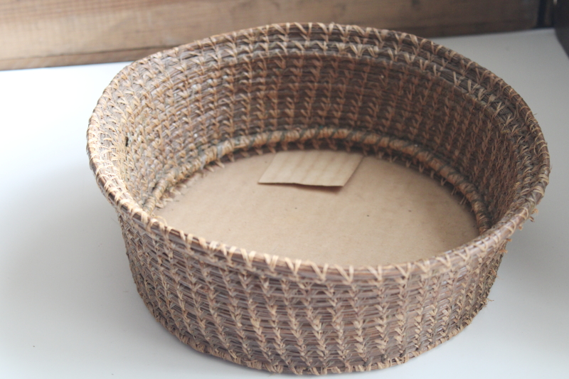 photo of old pine needle basket, handmade coiled basket with paper bottom early or mid century vintage #2