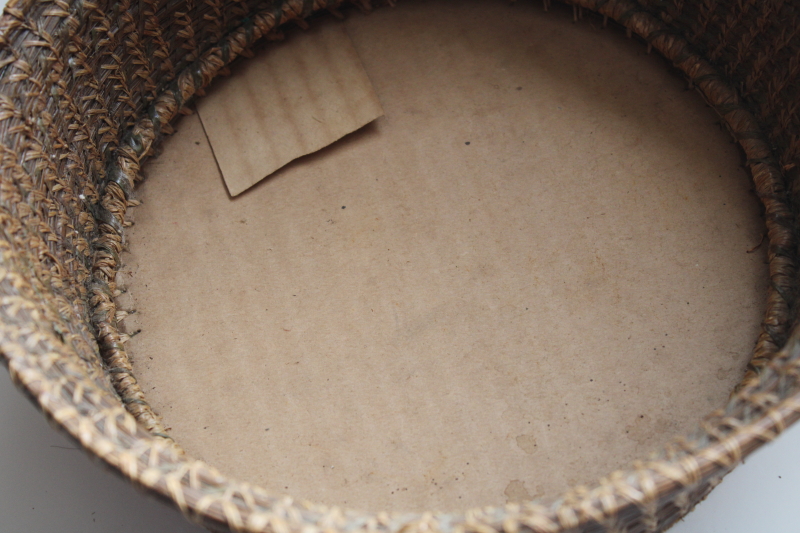 photo of old pine needle basket, handmade coiled basket with paper bottom early or mid century vintage #3