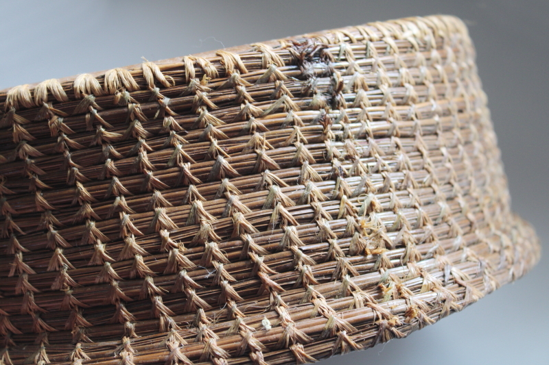 photo of old pine needle basket, handmade coiled basket with paper bottom early or mid century vintage #4