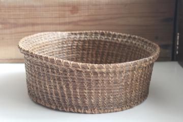 catalog photo of old pine needle basket, handmade coiled basket with paper bottom early or mid century vintage