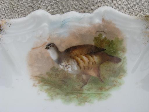 photo of old porcelain crescent plates bone dishes w/ game birds, grouse and ducks #4