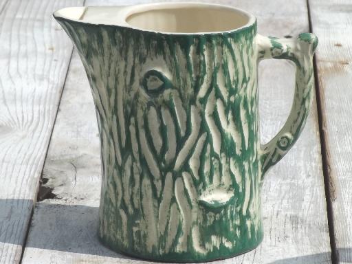 photo of old pottery pitcher, primitive American majolica tree trunk or log shaped jug #1