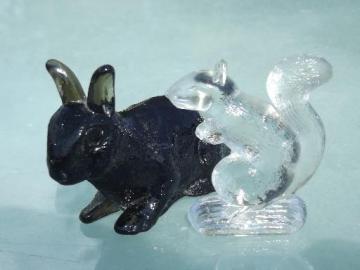 catalog photo of old pressed glass animals, vintage brown rabbit and small squirrel figure